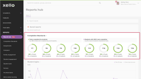 Educator account in Xello. The Reports hub is open with the Completion Standards section highlighted.